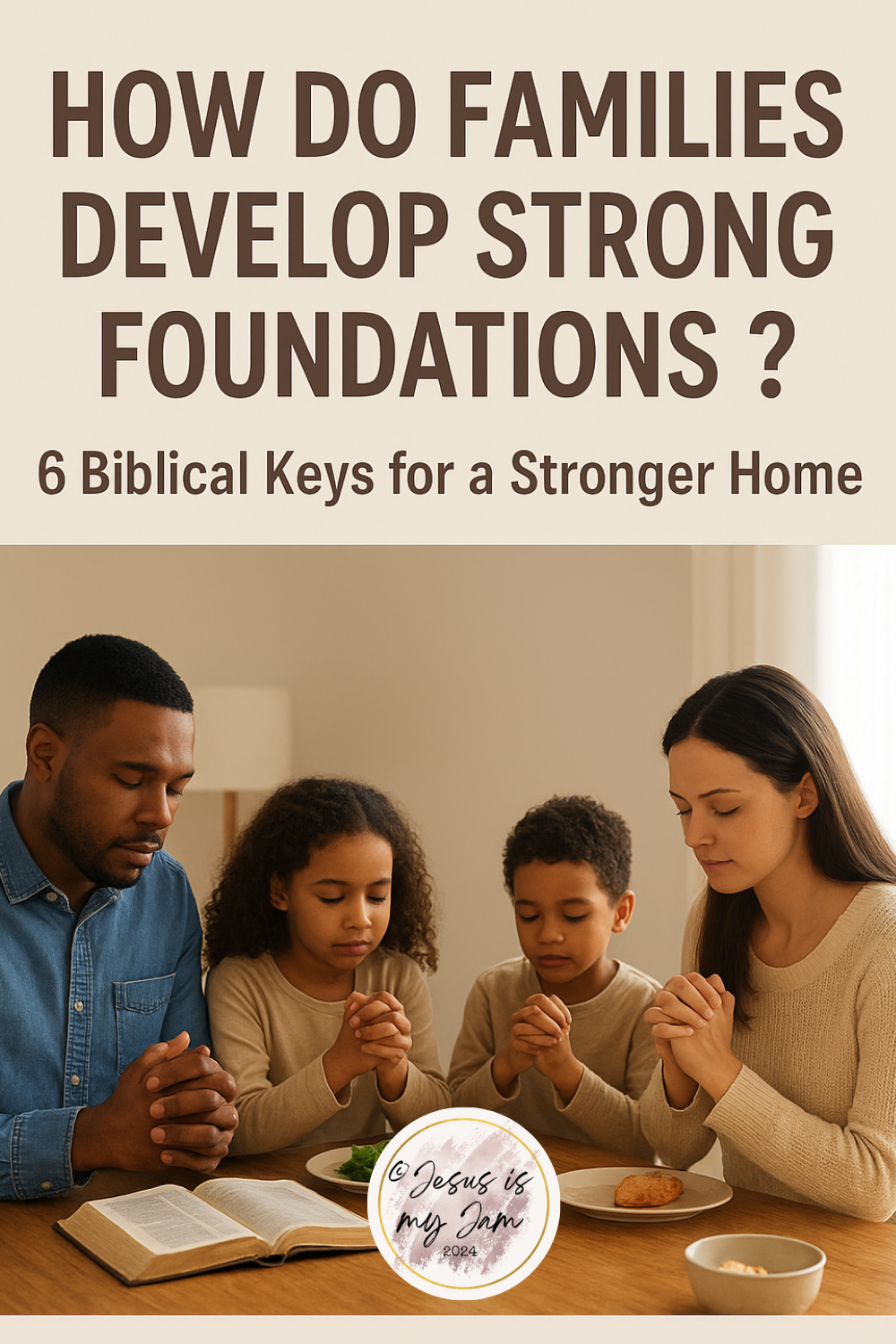 Christian family praying together at the dinner table with an open Bible, symbolizing strong families rooted in faith.