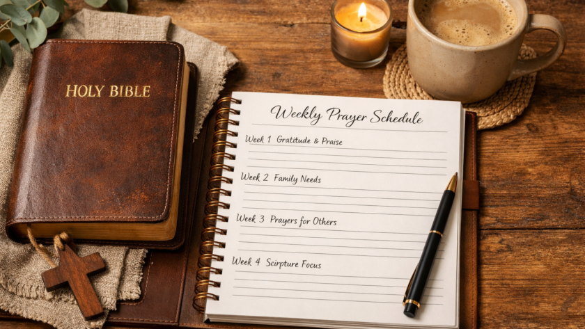 Bible and weekly prayer planner for family prayer routine