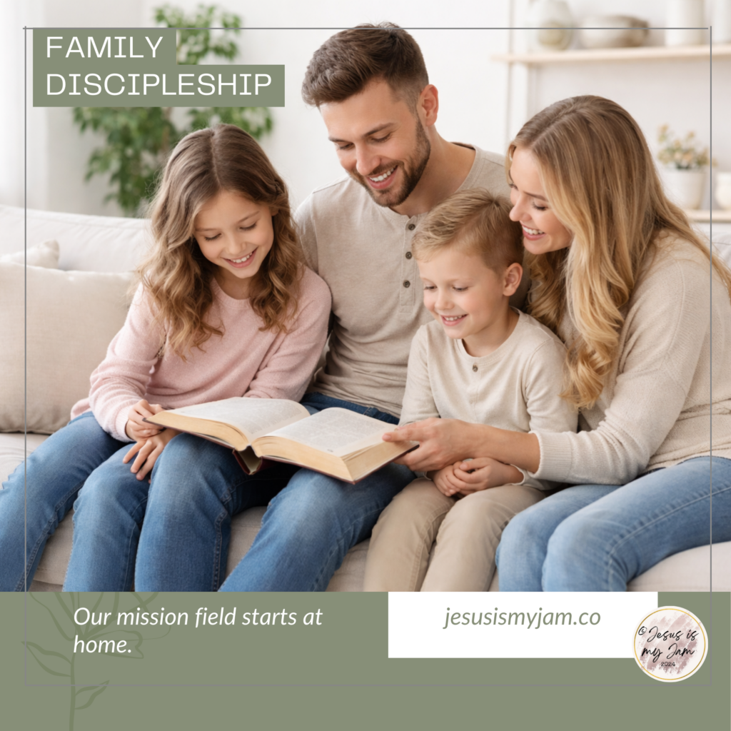 Christian family practicing family discipleship at home with Bible reading