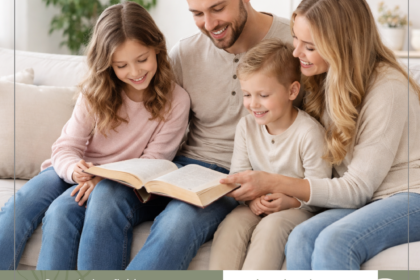 Christian family practicing family discipleship at home with Bible reading