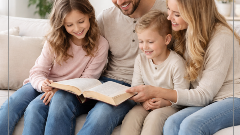 Christian family practicing family discipleship at home with Bible reading